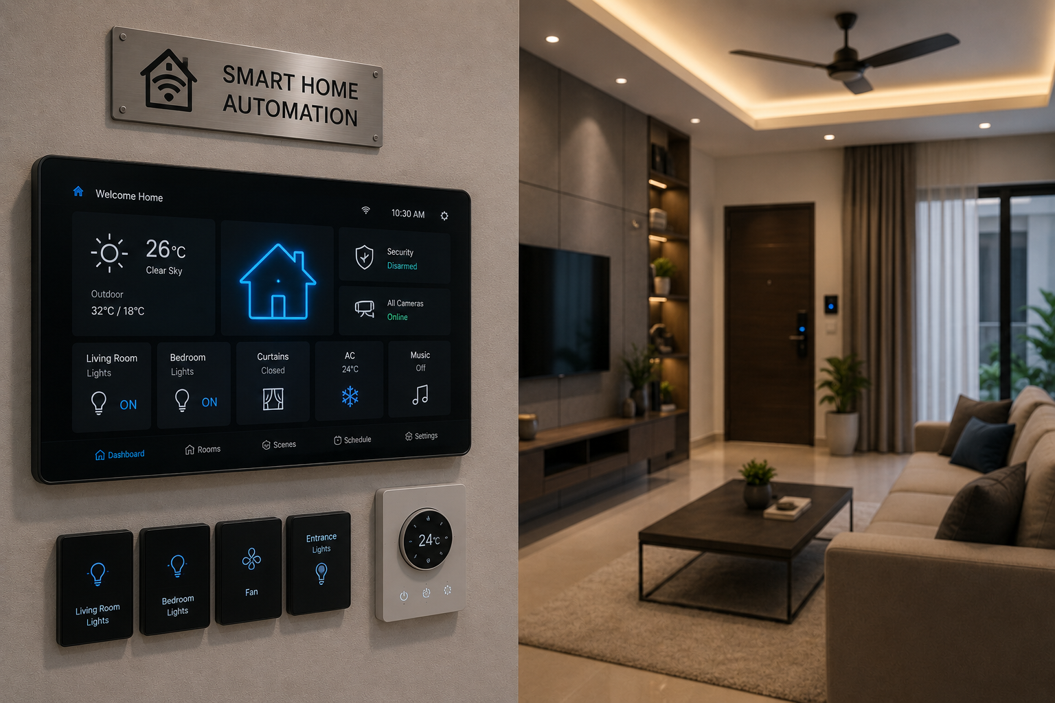 Wall-mounted home automation touch panel controlling lights, curtains and AC in a living room